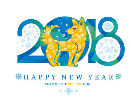 Beautiful New Year card with a Decorative Yellow Dog. New Year's design. 2018