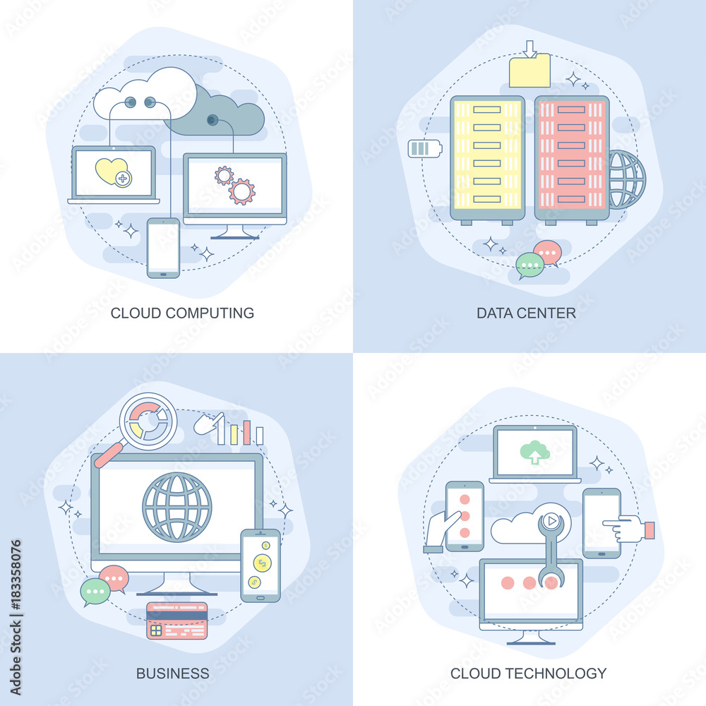 Poster blue flat conceptual icons set of cloud data technology services, global connection, cloud computing