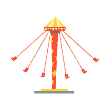Swinging carousel with seats on chains. Entertainment and family recreation. Amusement park or funfair element. Flat vector design for invitation card.