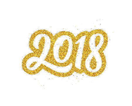 Happy New Year 2018 greeting card design with golden calligraphic text isolated on white background. Vector festive illustration with modern typography.