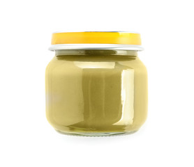Jar with healthy baby food on white background
