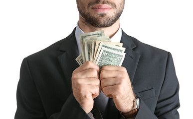 Businessman with dollar bills on white background, closeup
