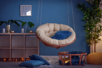 Beautiful interior with round lounge chair and pillow
