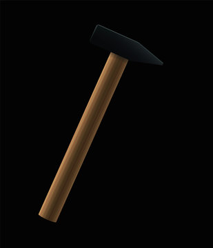 Hammer on black background - basic hand tool with wooden handle and black iron head - isolated vector illustration on black background.