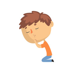 Young man praying on his knees with eyes closed cartoon vector illustration