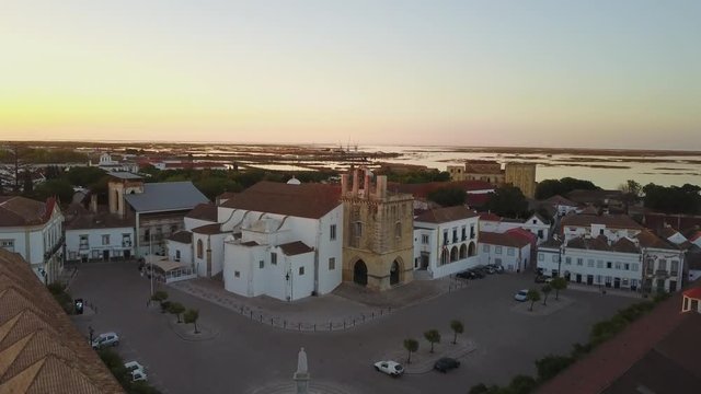 Aerial view of Faro with historic cathedral in the middle of old town, Portugal