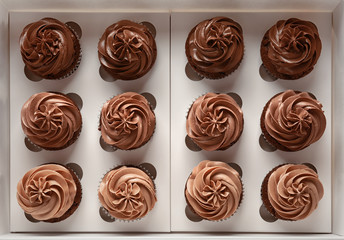 Delicious chocolate cupcakes in cardboard box
