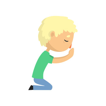 Young man character kneeling down and praying cartoon vector illustration