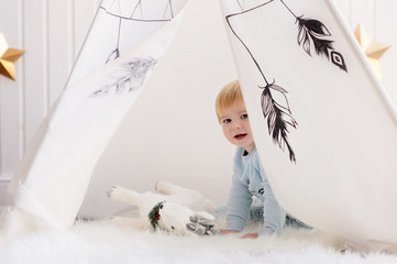 The little boy is playing in the wigwam. Boy playing with toys. © Inna Darda