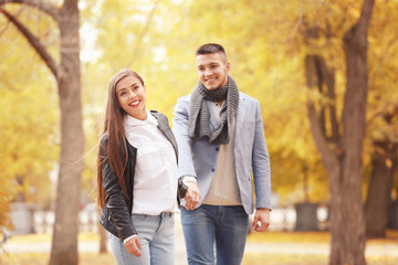 Obraz premium Young couple walking in park on autumn day