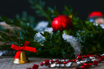 Christmas tree decoration at wooden table.