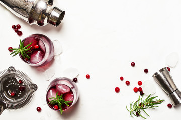 Red cranberry cocktail with ice, rosemary and vodka, bar tools, white background, top view