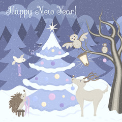 Animals in the lilac christmas forest