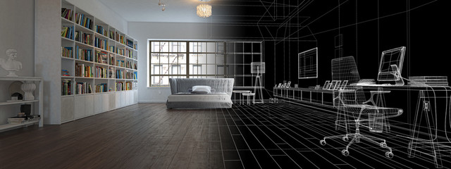 Camera da letto con libreria, illustrazione 3d, rendering