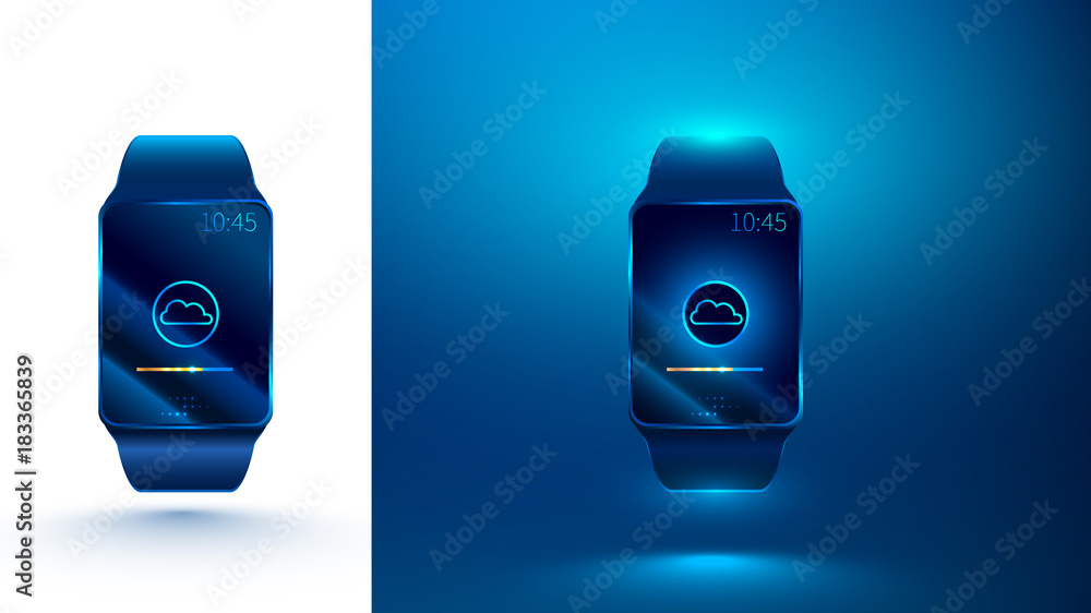 Aufkleber smart watch synchronizes with cloud storage on the Internet using a wireless connection. smart watch on a blue and white background