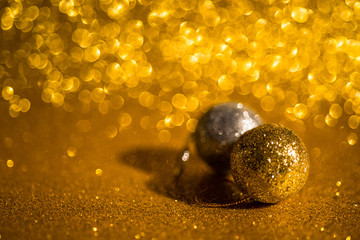 Christmas decoration on golden bokeh background. Macro photo