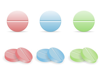 Set of colorful pills in round form. Collection of circular-shaped tablets. Medicine and drugs.