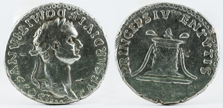 Ancient Roman silver denarius coin of Emperor Domitian.