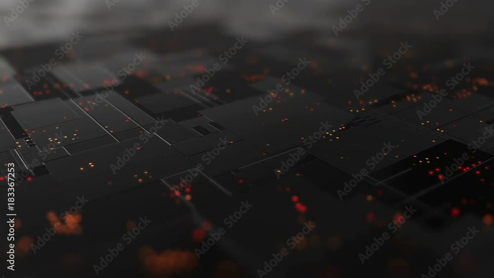 Poster abstract high tech digital technology background made of particles and metallic plates. 3d animation