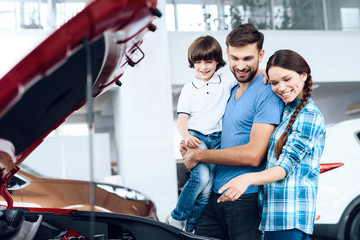 A young family came to the car showroom to choose a new car.