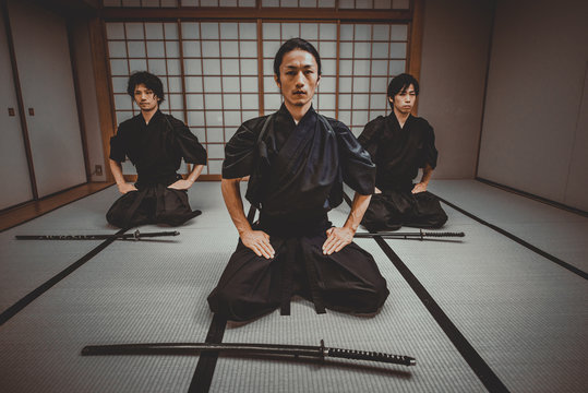 Samurai training in a traditional dojo, in Tokyo