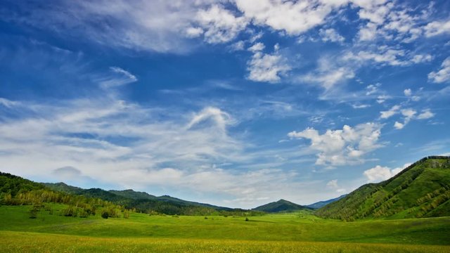 Green summer valley and blue sky with light white clouds
