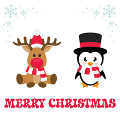 cartoon christmas deer and cute penguin with text