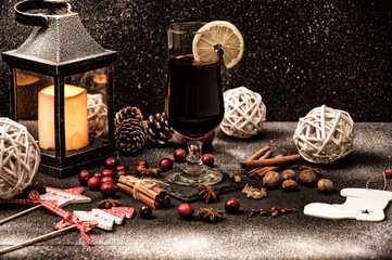 Mulled wine, hot drink on a black background
