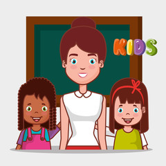 little kids group with teacher in classroom vector illustration design