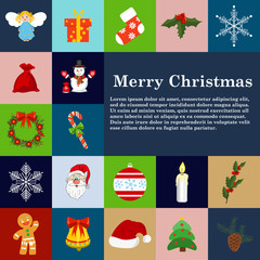 Christmas icons flat style winter decoration holiday celebration gift set. Vector Illustration.