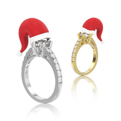 3D illustration two isolated yellow and white gold or silver solitaire engagement diamond ring in the Christmas Santa Claus hat with reflection