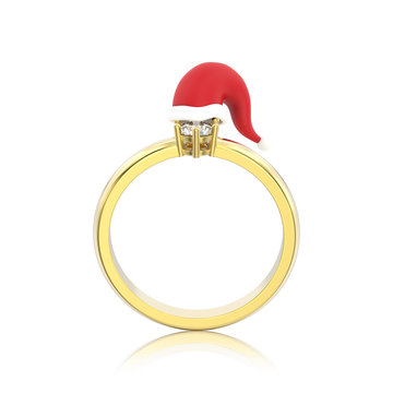 3D illustration isolated yellow gold solitaire engagement diamond ring in the Christmas Santa Claus hat with reflection