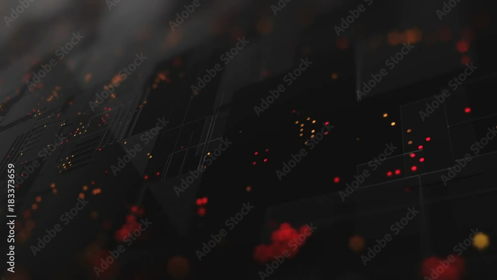 Poster abstract high tech digital technology background made of particles and metallic plates. 3d animation