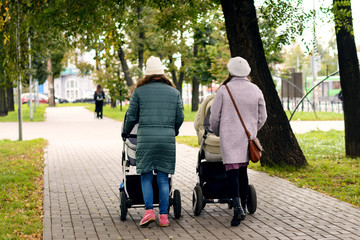 Two young moms girlfriends are walking with young children in strollers for an autumn Park. Women on a walk with the kids, the view from the back.
