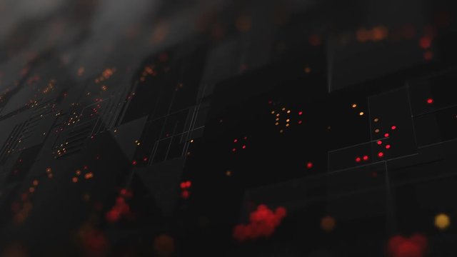 Abstract high tech digital technology background made of particles and metallic plates.  3D animation of seamless loop.