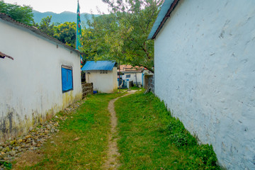 Outdoor view of a rustic street in the town, close to Tashi refugee settlement in Pokhara, Nepal