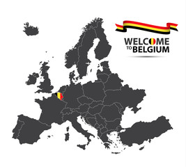 Vector illustration of a map of Europe with the state of Belgium in the appearance of the Belgian flag and Belgian ribbon isolated on a white background