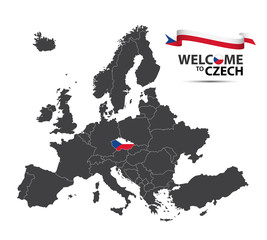 Vector illustration of a map of Europe with the state of Czech Republic in the appearance of the Czech flag and Czech ribbon isolated on a white background