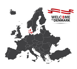 Vector illustration of a map of Europe with the state of Denmark in the appearance of the Danish flag and Danish ribbon isolated on a white background