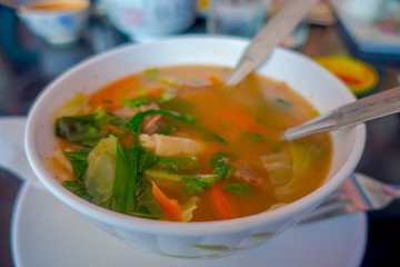 Close up of traditional Nepali and healthy soup served in a white bowl plate in Nepal