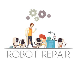 Robots Teamwork Repair Cartoon Composition 