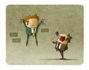 Scared employee is shackled to the wall while the boss speaks to him.