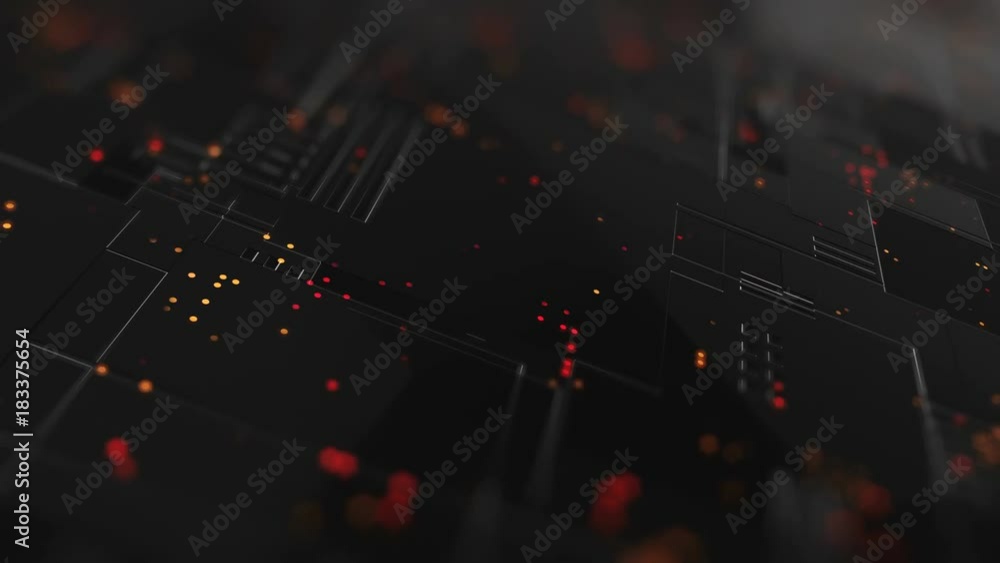 Poster abstract high tech digital technology background made of particles and metallic plates. 3d animation