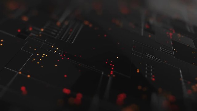 Abstract high tech digital technology background made of particles and metallic plates.  3D animation of seamless loop.
