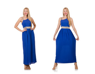 Beautiful woman in long blue dress isolated on white