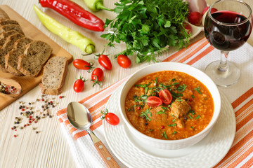 Traditional Georgian soup Kharcho with meat and rice.