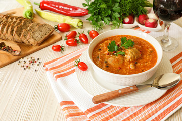 Traditional Georgian soup Kharcho with meat and rice.