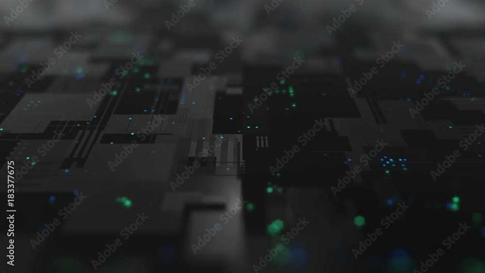 Poster abstract high tech digital technology background made of particles and metallic plates. 3d animation