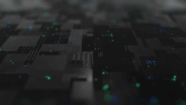 Abstract high tech digital technology background made of particles and metallic plates.  3D animation of seamless loop.