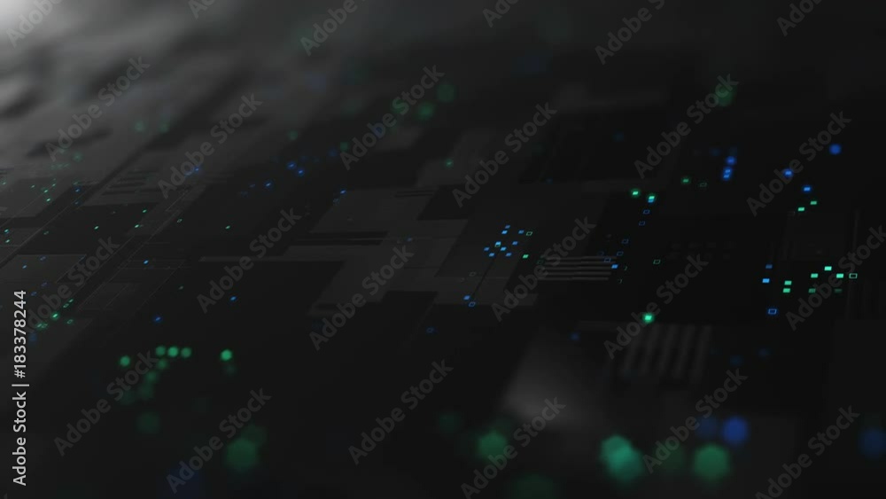 Poster abstract high tech digital technology background made of particles and metallic plates. 3d animation